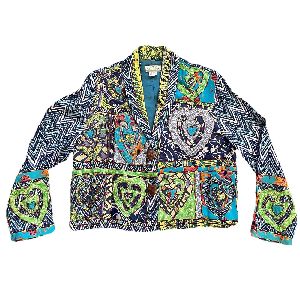 VTG SANDY STARKMAN M Patchwork Jacket Blazer Grandma Core‎ Boho Artsy Cropped